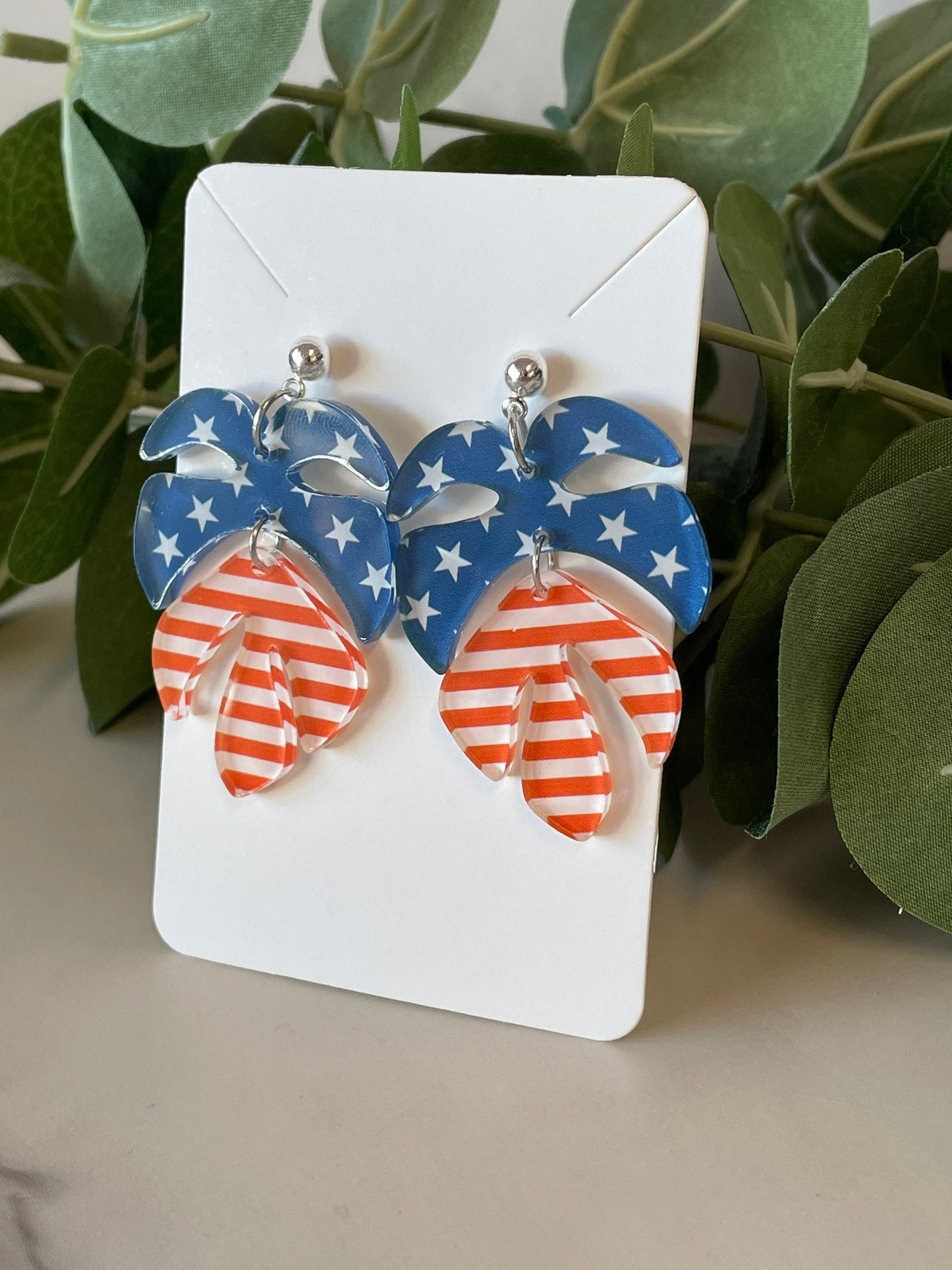Stars and Stripes Monstera Earrings - Acrylic