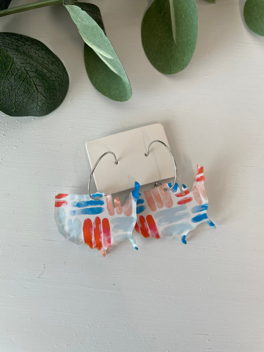 Patriotic USA Watercolor Hoop Earrings - Acrylic