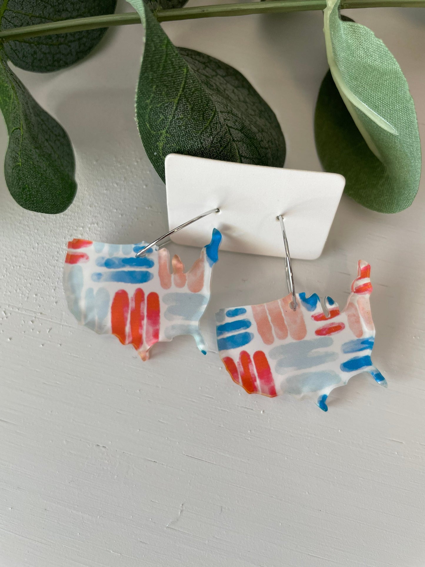 Patriotic USA Watercolor Hoop Earrings - Acrylic