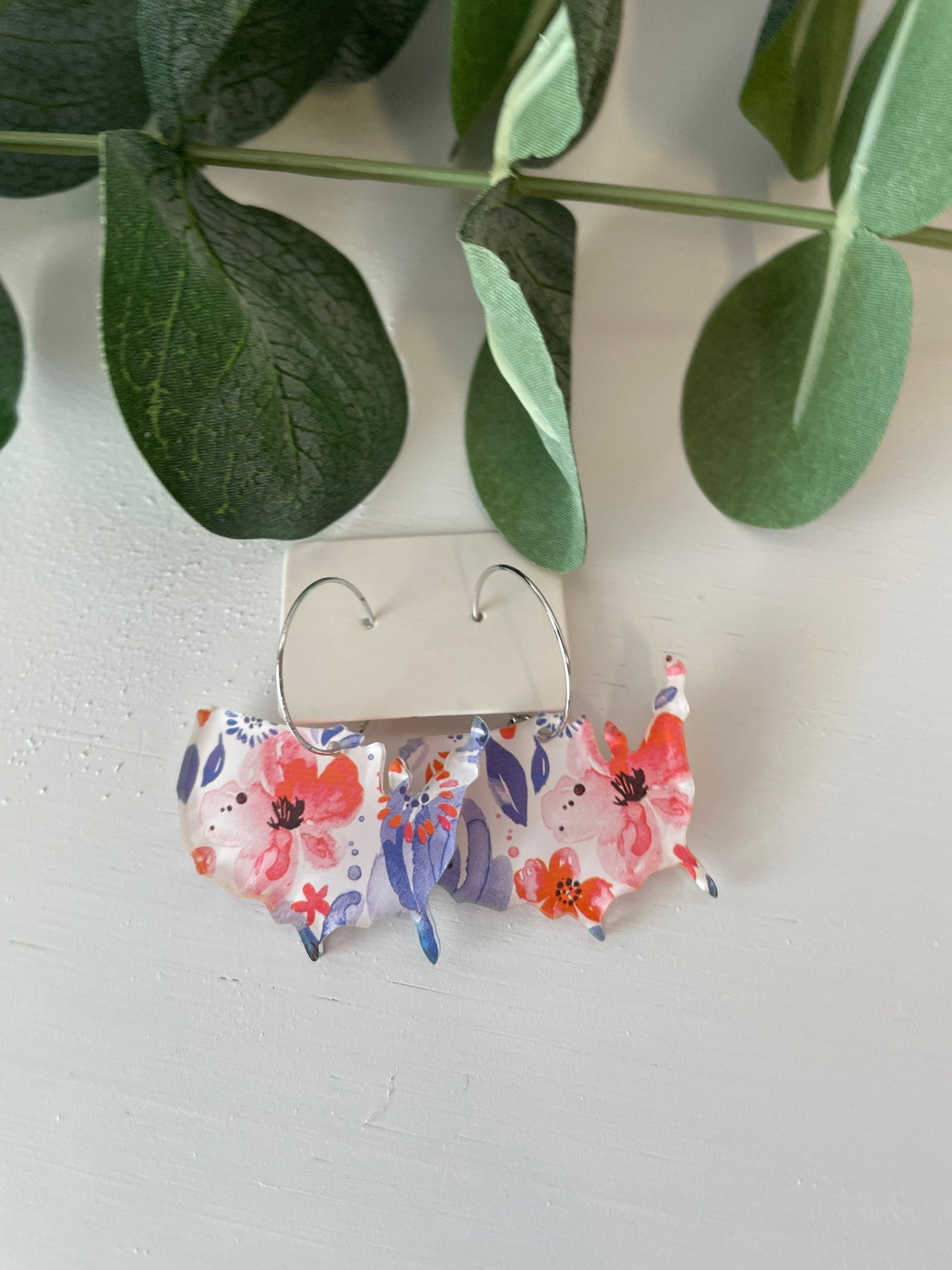 Patriotic USA Watercolor Floral Hoop Earrings - Acrylic