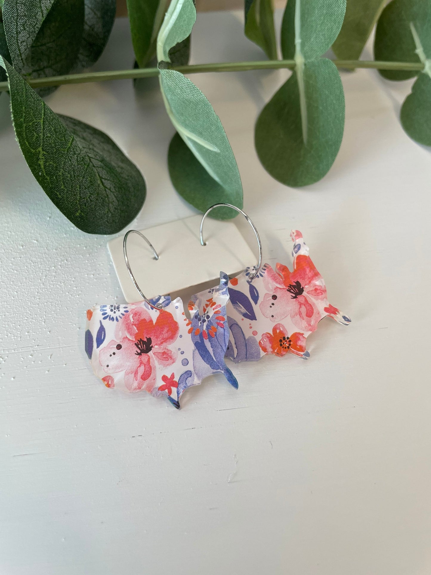 Patriotic USA Watercolor Floral Hoop Earrings - Acrylic