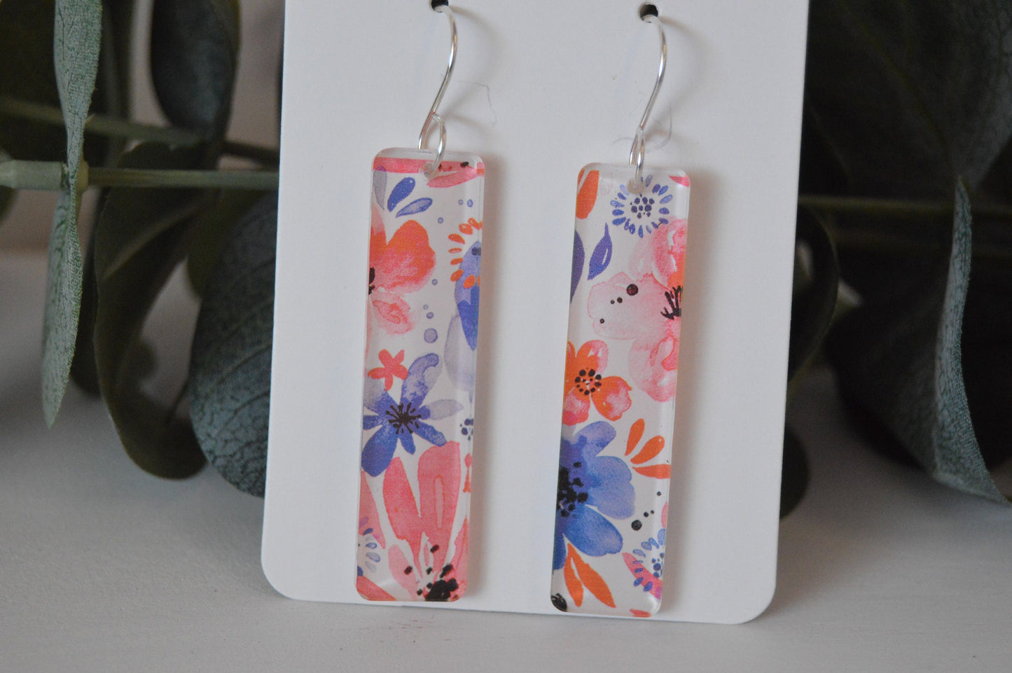 Patriotic Watercolor Floral Bar Earrings - Acrylic