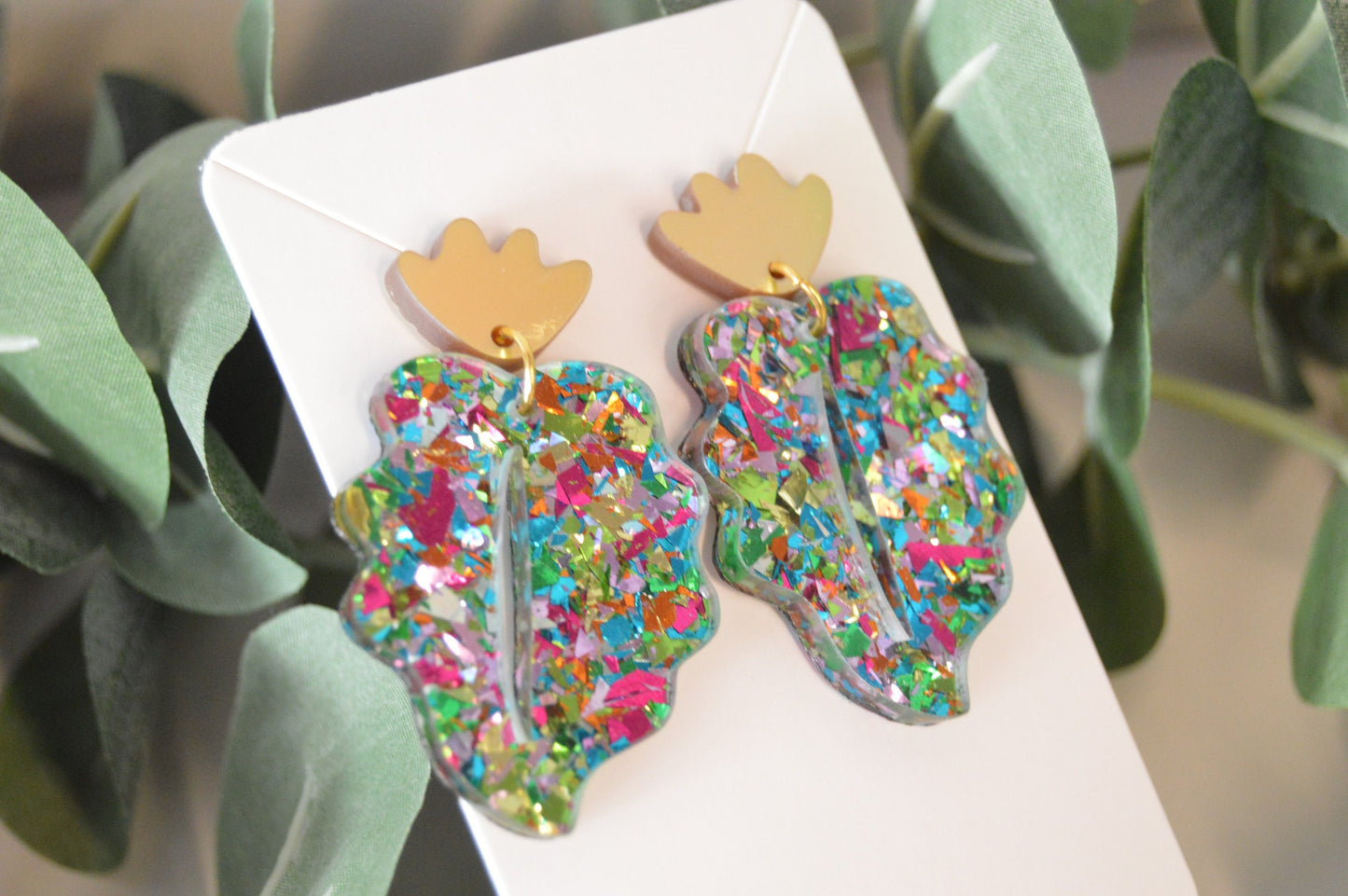Colorful Confetti Leaf Dangle Earrings - Acrylic