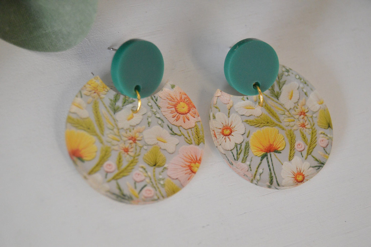 Embroidered Floral Round Cutout Earrings - Acrylic