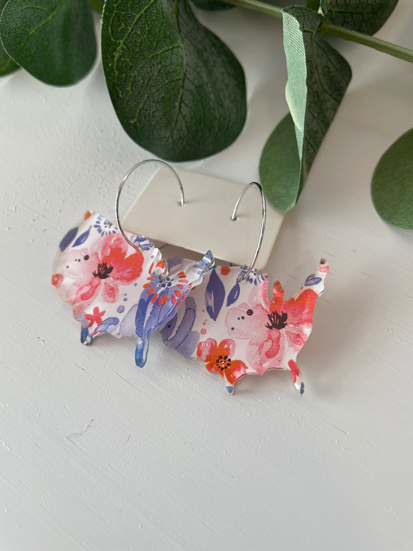 Patriotic USA Watercolor Floral Hoop Earrings - Acrylic