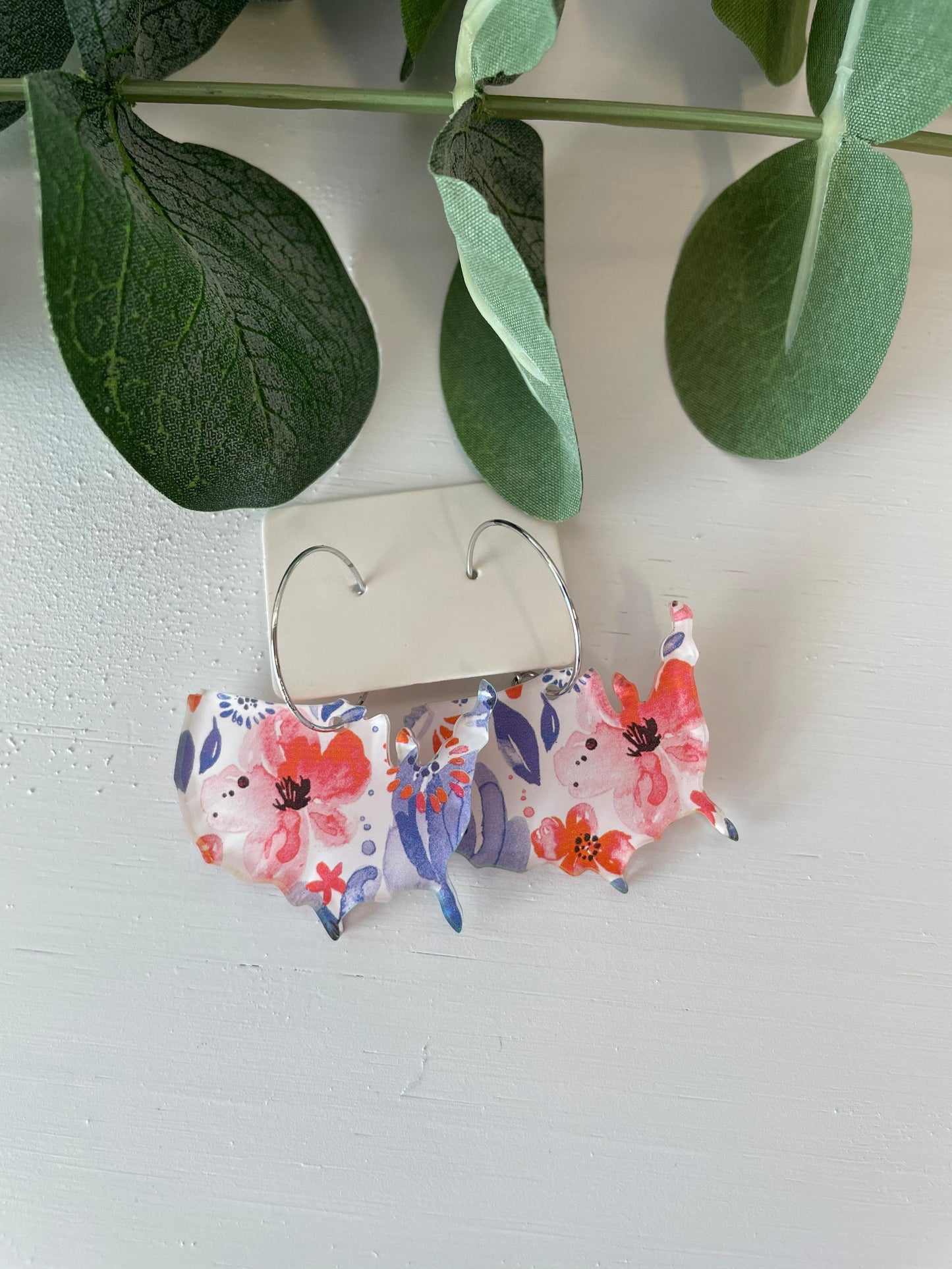 Patriotic USA Watercolor Floral Hoop Earrings - Acrylic