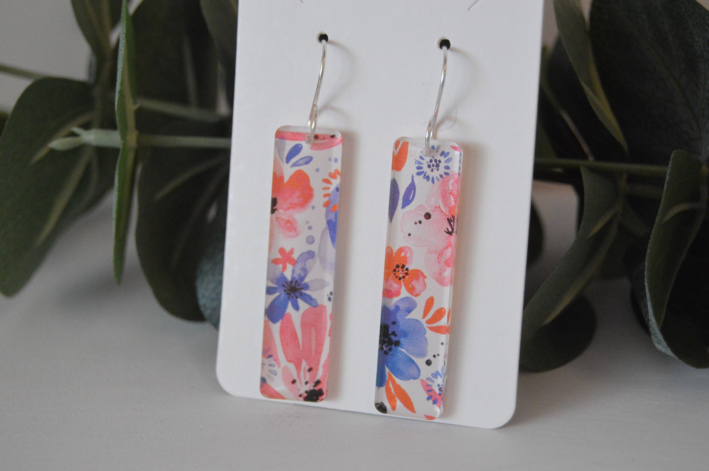 Patriotic Watercolor Floral Bar Earrings - Acrylic