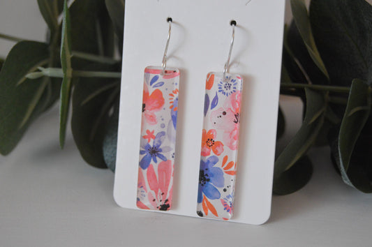 Patriotic Watercolor Floral Bar Earrings - Acrylic