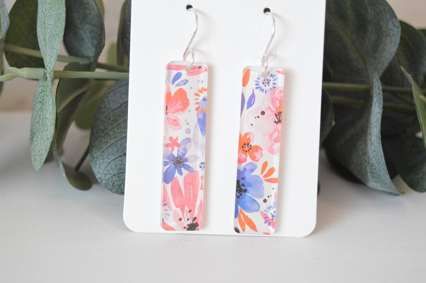 Patriotic Watercolor Floral Bar Earrings - Acrylic