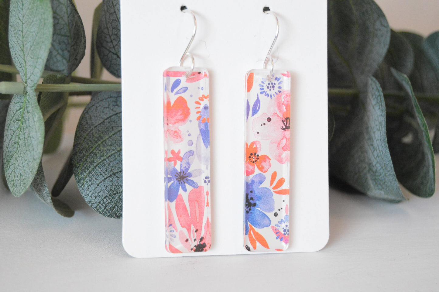 Patriotic Watercolor Floral Bar Earrings - Acrylic