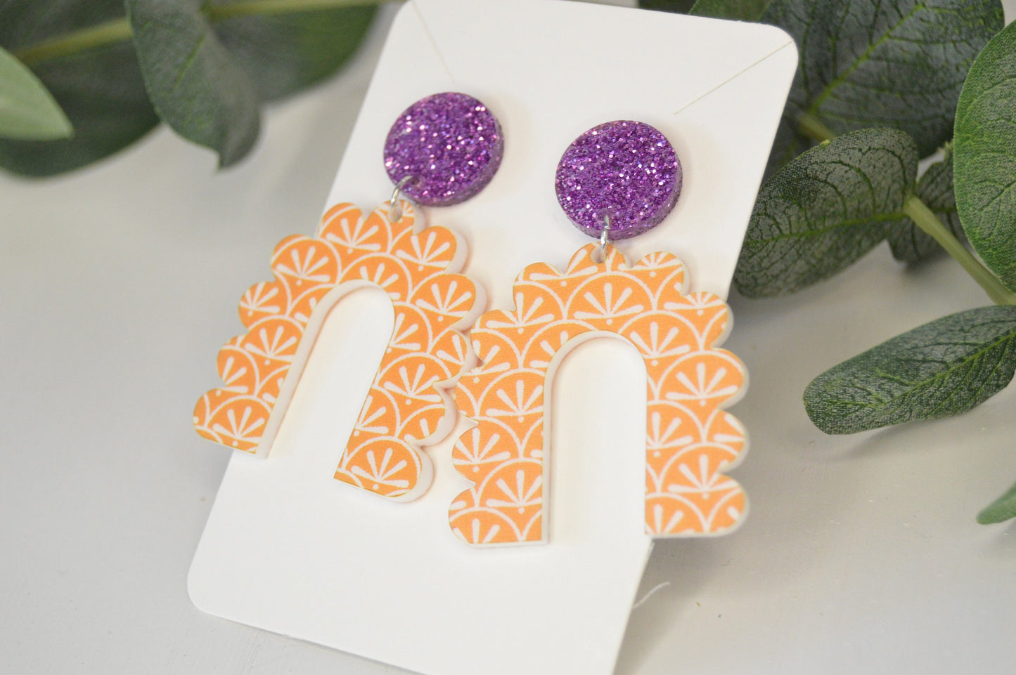 Orange Boho Scalloped Arch Earrings - Acrylic