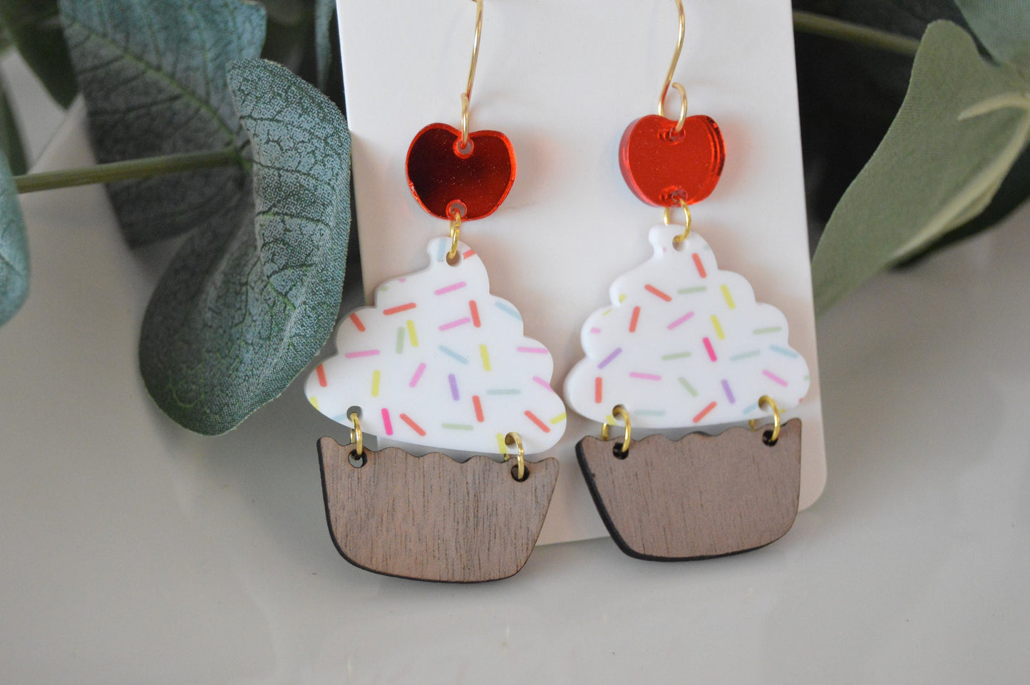 Cupcake Dangle Earrings - Acrylic/Wood