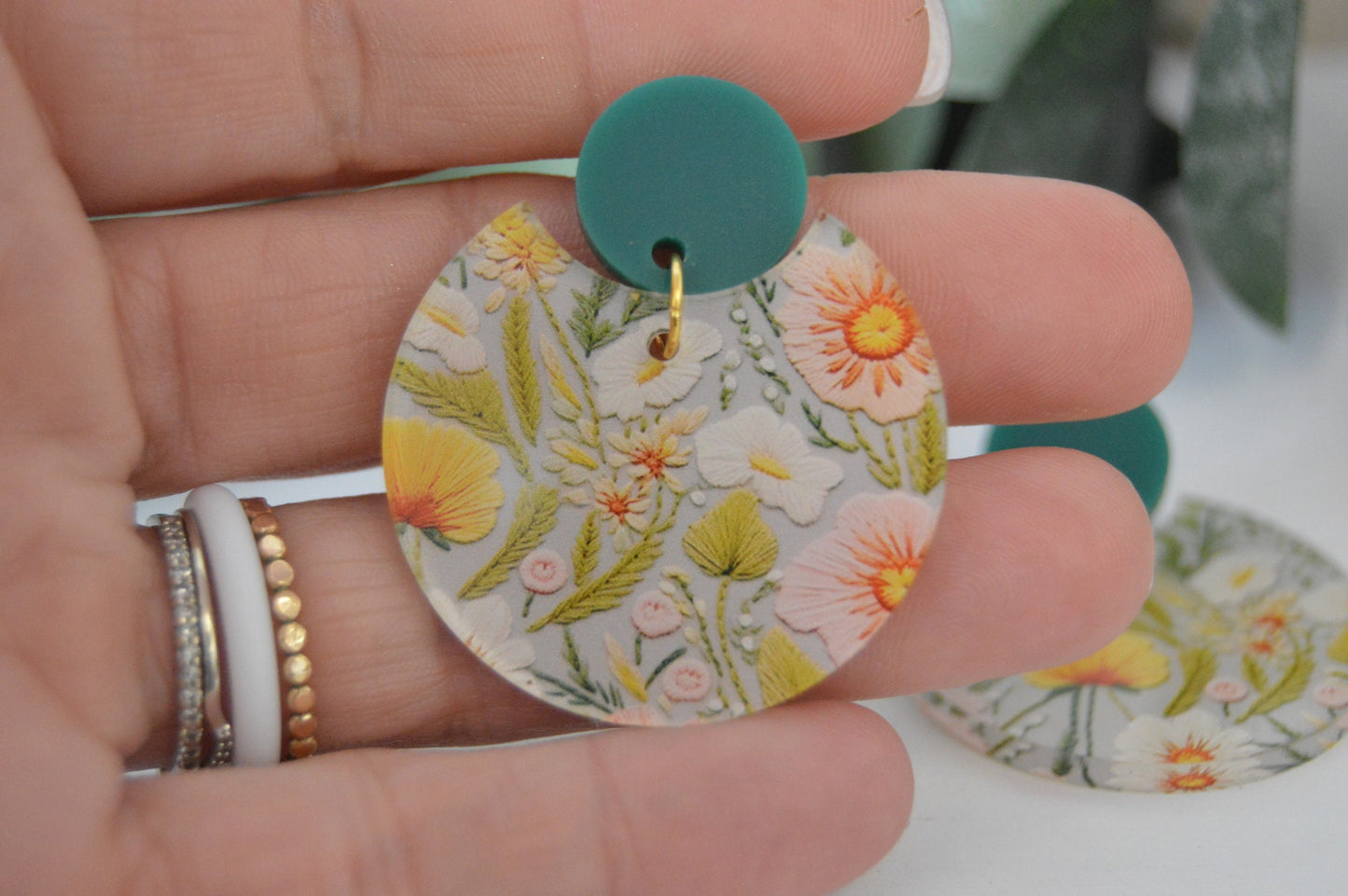 Embroidered Floral Round Cutout Earrings - Acrylic
