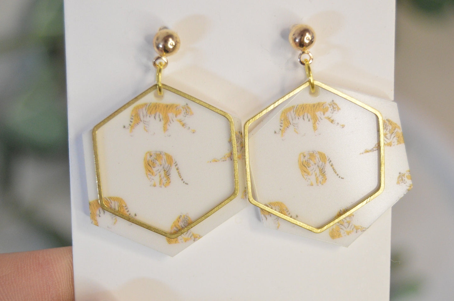 Tiger Hexagon Earrings - Acrylic