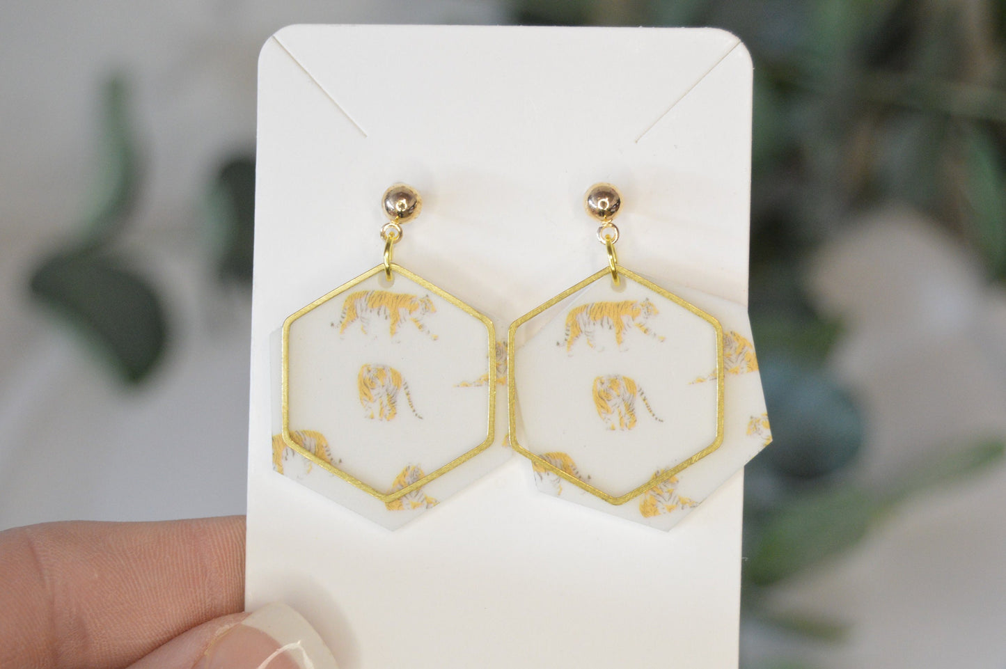 Tiger Hexagon Earrings - Acrylic