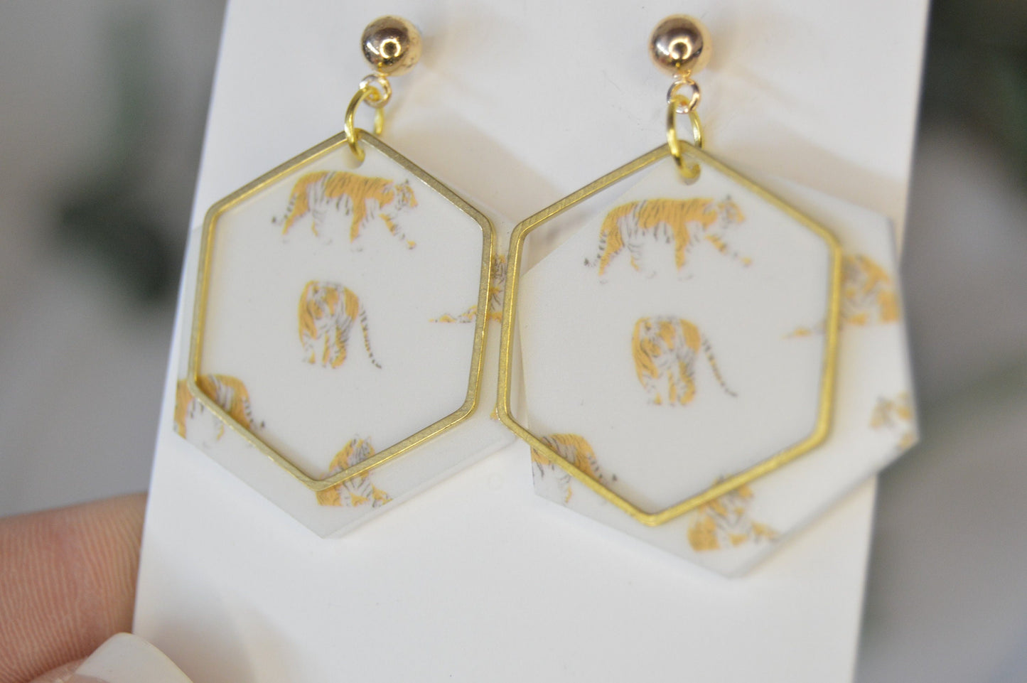 Tiger Hexagon Earrings - Acrylic