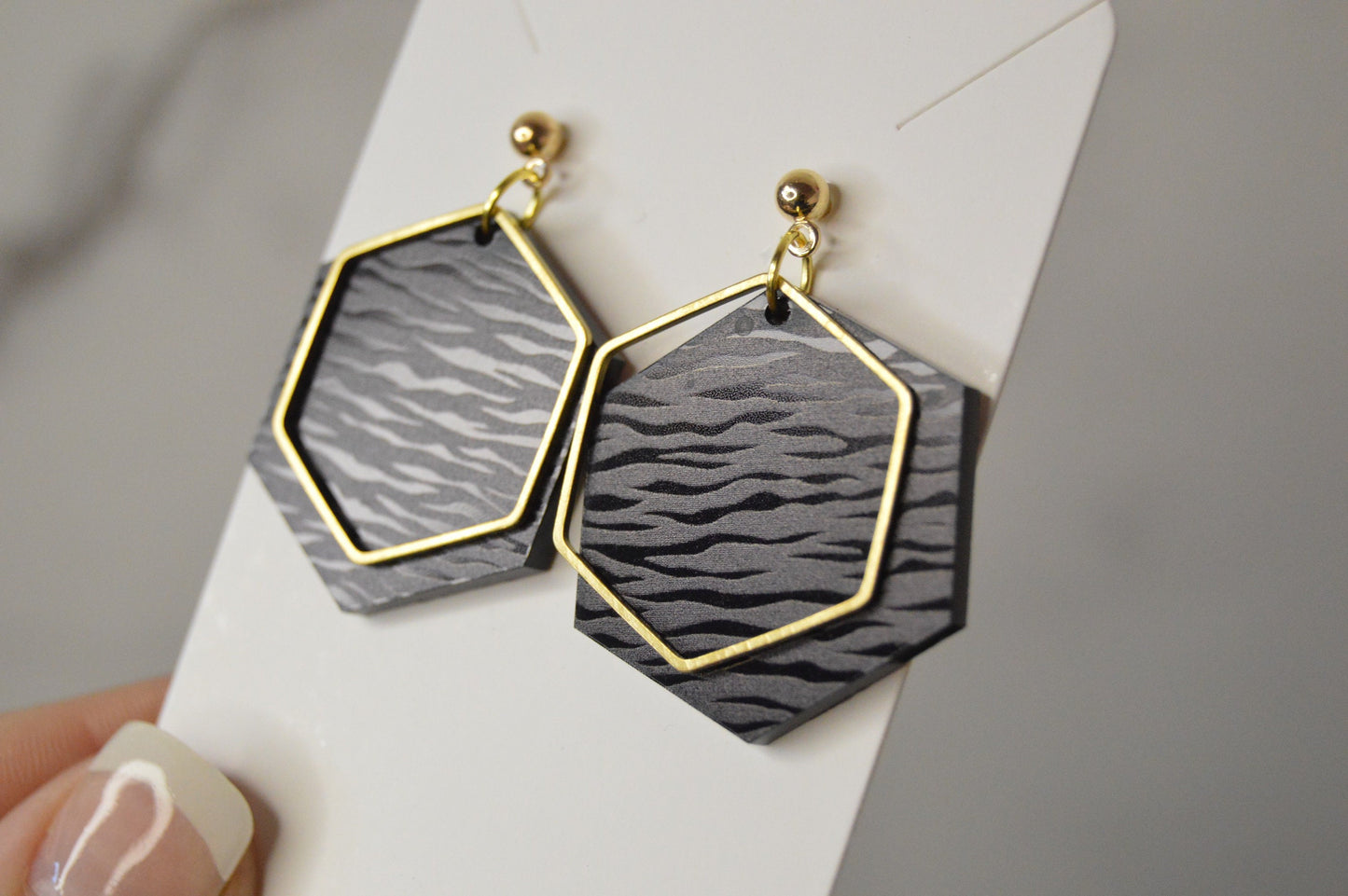 Tiger Stripes Hexagon Earrings - Acrylic