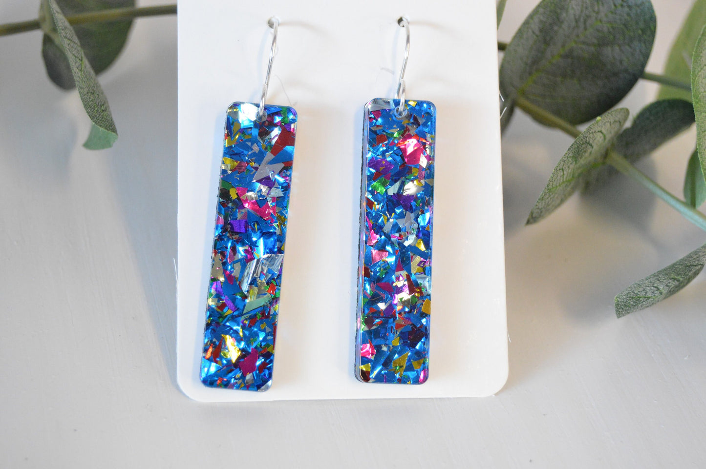 Ocean Blue Confetti Bar Earrings - Acrylic