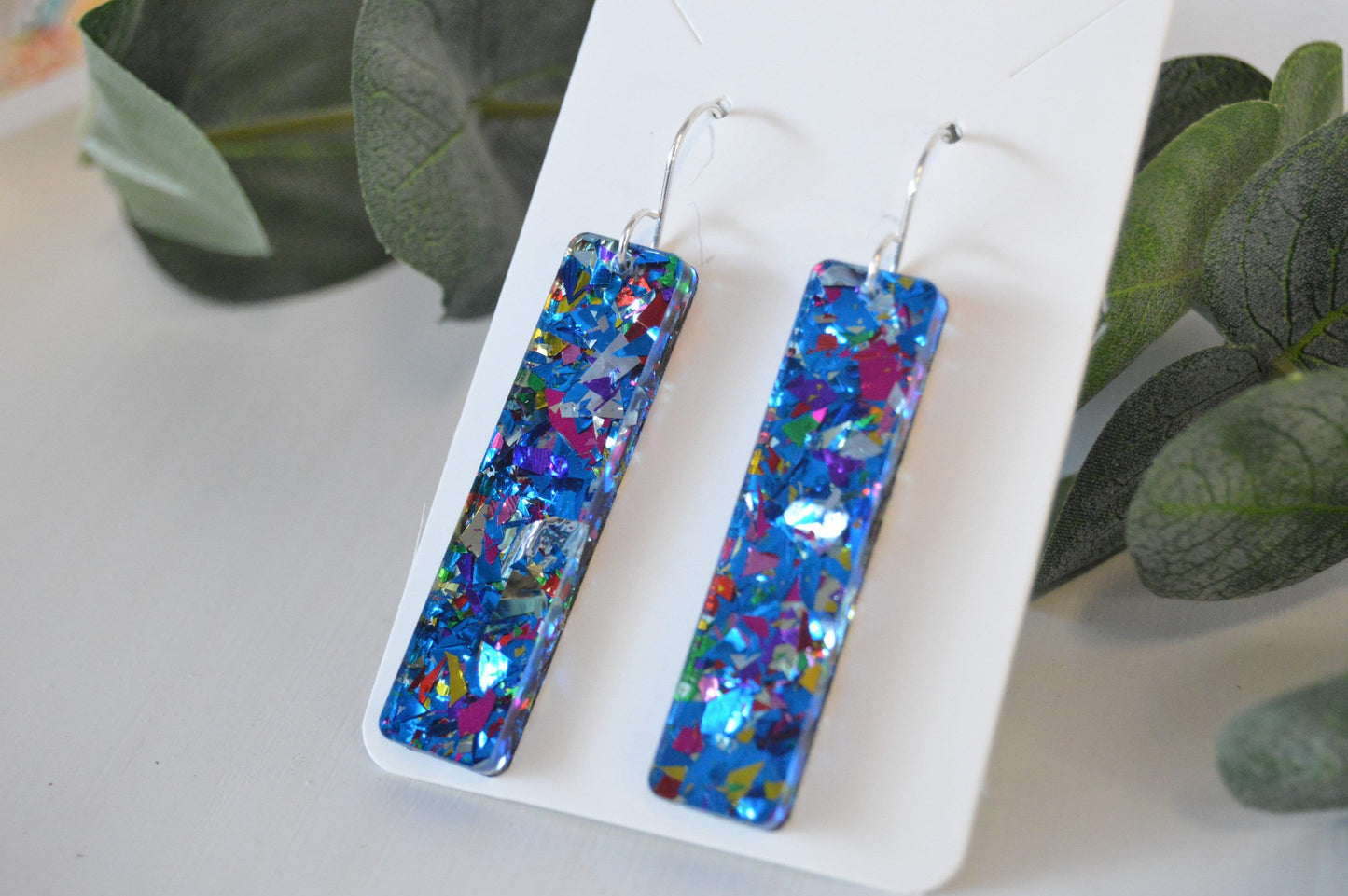 Ocean Blue Confetti Bar Earrings - Acrylic