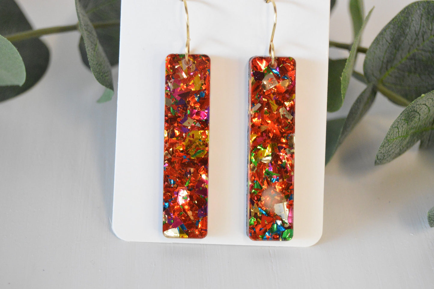 Christmas Red Confetti Bar Earrings - Acrylic