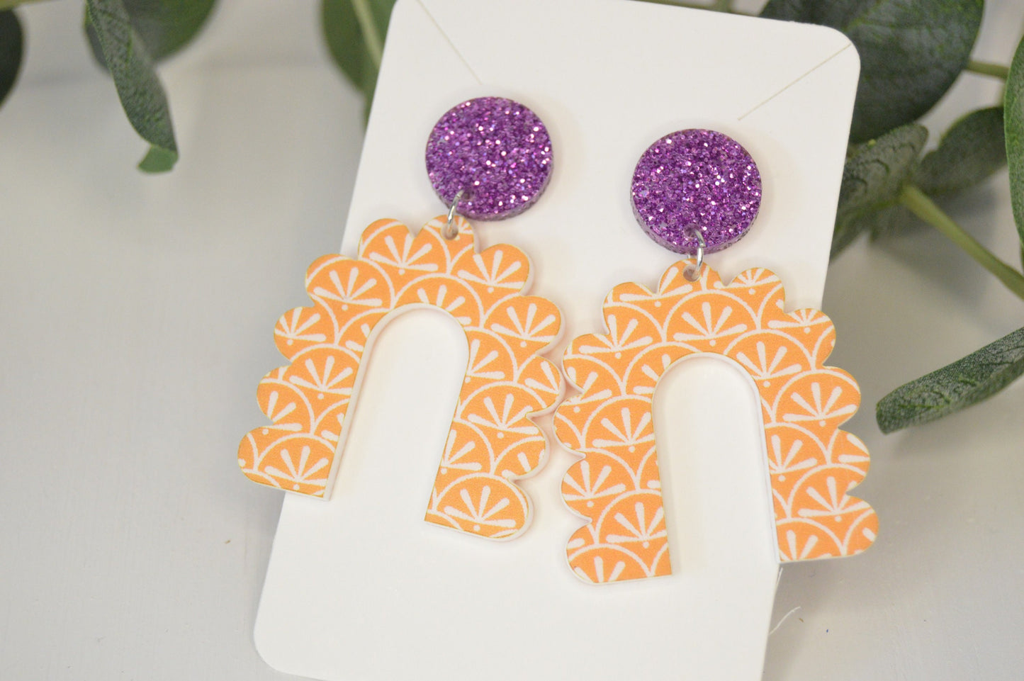 Orange Boho Scalloped Arch Earrings - Acrylic