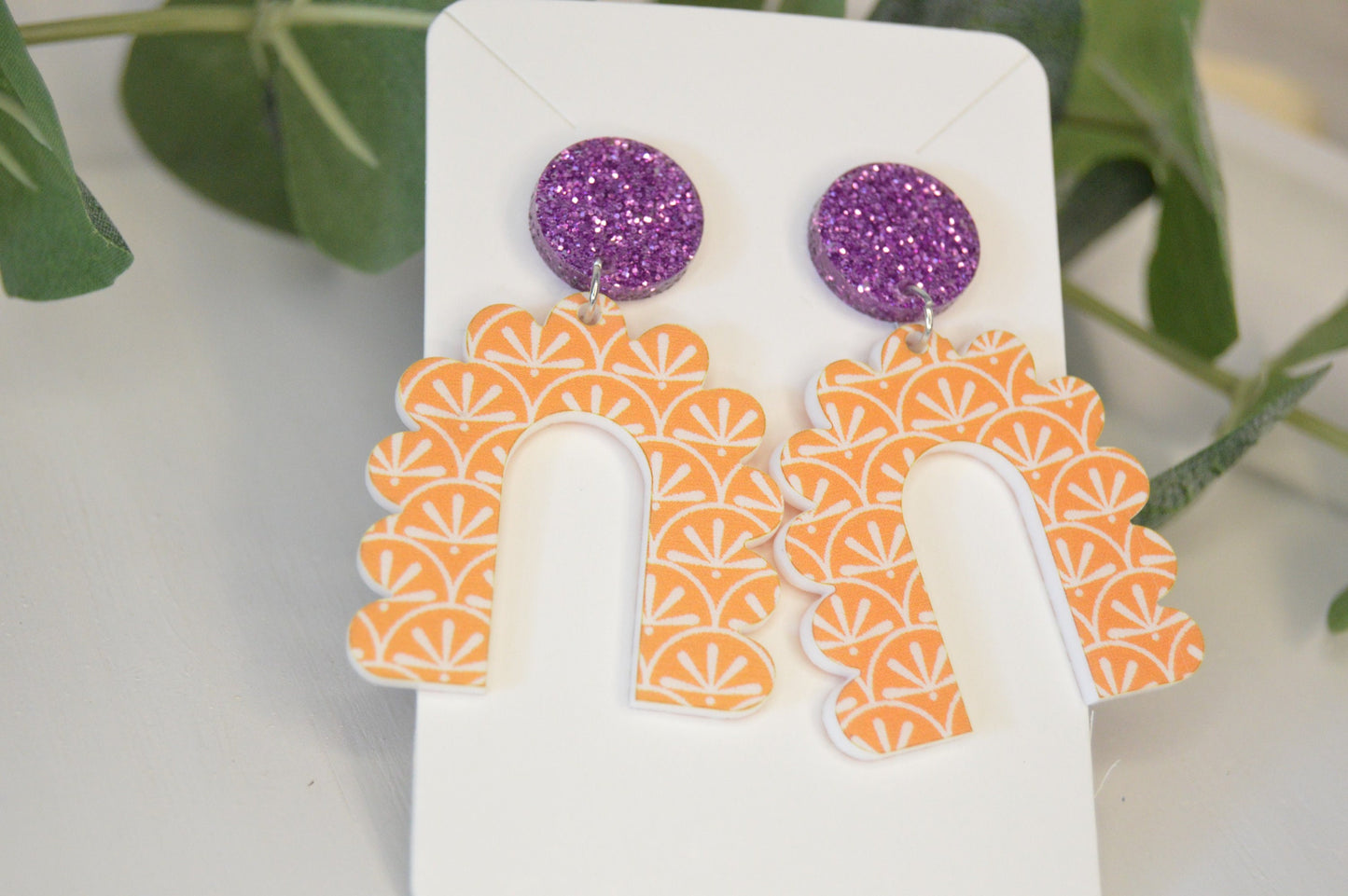 Orange Boho Scalloped Arch Earrings - Acrylic