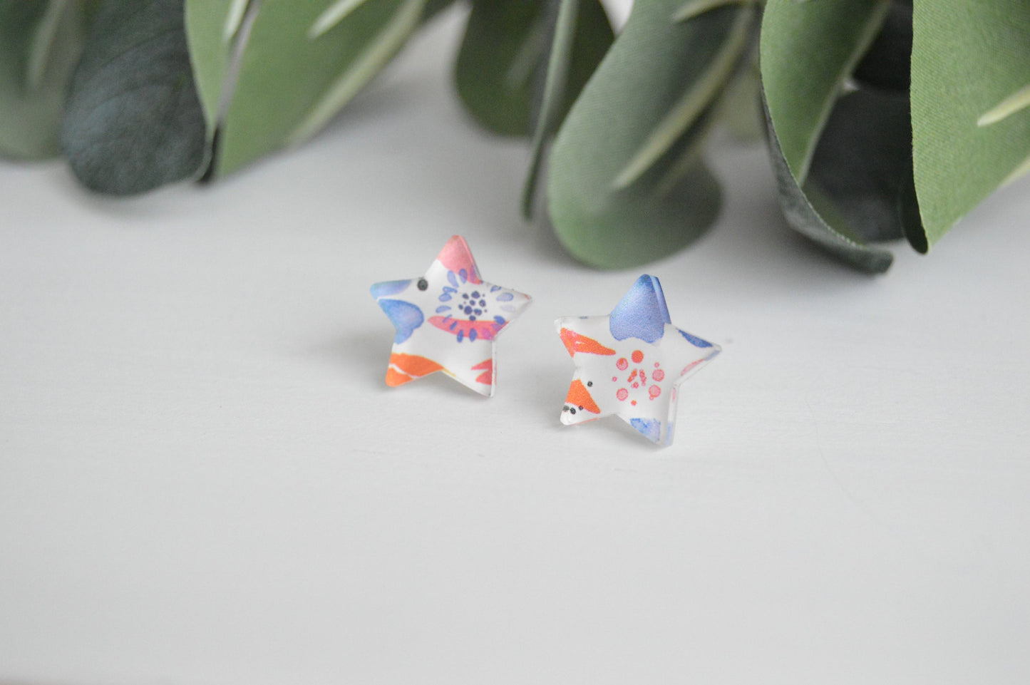 Patriotic Watercolor Floral Stud Earrings - Acrylic