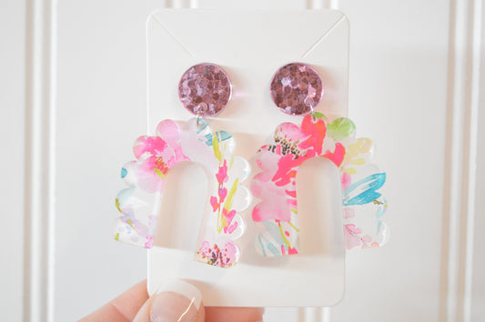 Floral Scalloped Arch Dangle Earrings - Acrylic