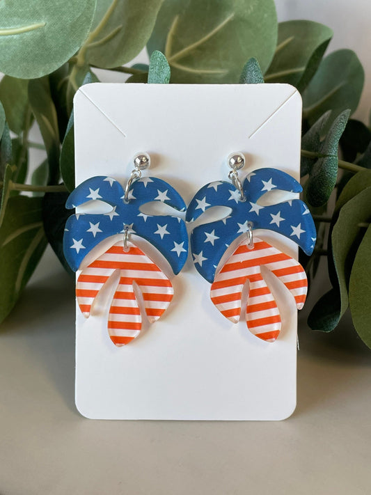 Stars and Stripes Monstera Earrings - Acrylic