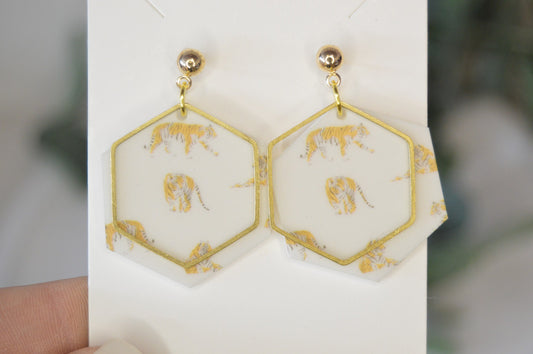 Tiger Hexagon Earrings - Acrylic