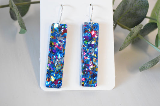 Ocean Blue Confetti Bar Earrings - Acrylic