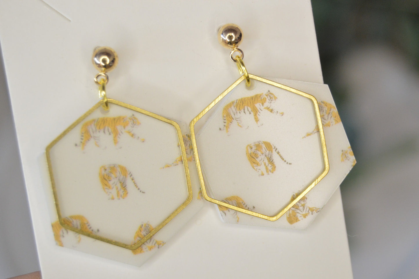 Tiger Hexagon Earrings - Acrylic